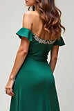 Dark Green Sheath Beaded Off The Shoulder Long Prom Dress