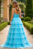 Blue Tulle A Line Spaghetti Straps Long Prom Dress with Slit