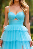 Blue Tulle A Line Spaghetti Straps Long Prom Dress with Slit