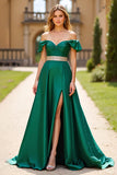 Ruched Dark Green Beaded Off The Shoulder Prom Dress with Slit