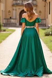 Ruched Dark Green Beaded Off The Shoulder Prom Dress with Slit