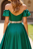 Ruched Dark Green Beaded Off The Shoulder Prom Dress with Slit