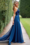 Dark Blue A-Line Chiffon Spaghetti Straps Long Bridesmaid Dress