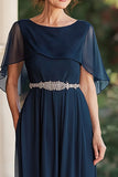 Chiffon A Line Capelet Navy Mother of the Bride Dress with Beaded Waist