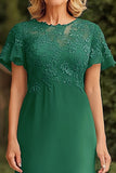 Dark Green Lace Chiffon Mother of the Bride Dress with Short Sleeves