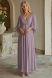 Lilac V-Neck Chiffon Mother of the Bride Dress with Half Sleeves