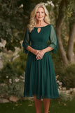 Dark Green A Line Chiffon Cut Out Mother of the Bride Dress with 3/4 Sleeves