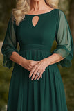 Dark Green A Line Chiffon Cut Out Mother of the Bride Dress with 3/4 Sleeves