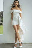 White Satin Sheath Off the Shoulder Mini Graduation Dress