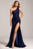 Sparkly Navy Mermaid One Shoulder Sequin Long Prom Dress With Slit