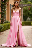 Pink A Line Spaghetti Straps Ruched Long Prom Dress With Slit