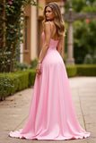 Pink A Line Spaghetti Straps Ruched Long Prom Dress With Slit