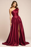 Elegant A Line Burgundy One Shoulder Long Satin Prom Dress With Slit