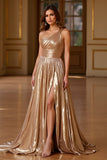 Gold A Line One Shoulder Long Metallic Prom Dress With Slit