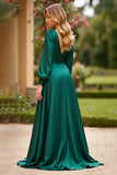 Dark Green A Line V Neck Long Sleeve Satin Long Prom Dress