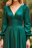 Dark Green A Line V Neck Long Sleeve Satin Long Prom Dress