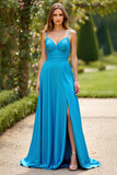 Blue A Line Spaghetti Straps Long Chiffon Prom Dress With Slit