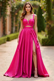 Fuchsia A Line Spaghetti Straps Satin Long Prom Dress With Slit