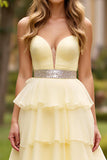 Light Yellow A Line Sweetheart Tiered Long Prom Dress With Beading