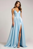 A Line Sky Blue Spaghetti Straps Long Satin Prom Dress With Slit