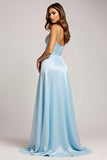 A Line Sky Blue Spaghetti Straps Long Satin Prom Dress With Slit