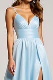 A Line Sky Blue Spaghetti Straps Long Satin Prom Dress With Slit