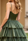 Olive Spaghetti Straps Tiered Long Prom Dress With Slit