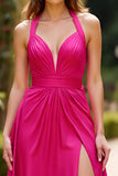 Halter A Line Fuchsia Satin Long Prom Dress With Slit