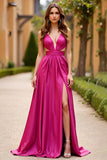 Fuchsia A Line Deep V Neck Ruched Long Prom Dress With Slit