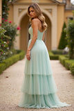 Light Green Strapless Tiered Long Tulle Prom Dress With Slit