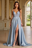 Sparkly Dusty Blue Spaghetti Straps Sequin Long Prom Dress With Slit