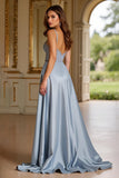 Sparkly Dusty Blue Spaghetti Straps Sequin Long Prom Dress With Slit