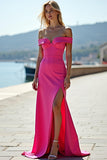 Sheath Fuchsia Off The Shoulder Long Satin Prom Dress With Slit