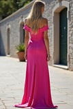 Sheath Fuchsia Off The Shoulder Long Satin Prom Dress With Slit