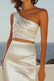 Ivory Satin Sheath One Shoulder Long Graduation Dress