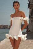 White Off The Shoulder Short Graduation Dress with Ruffles