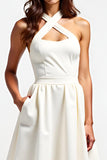 Ivory A Line Short Criss Cross Halter Graduation Dress