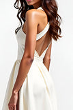 Ivory A Line Short Criss Cross Halter Graduation Dress