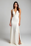 Ivory V-Neck Sheath Long Graduation Dress with Slit