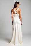 Ivory V-Neck Sheath Long Graduation Dress with Slit