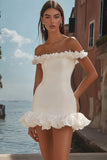 White Off The Shoulder Ruffled Short Tight Graduation Dress