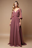 Vintage Mauve Ruched A Line Half Sleeves V Neck Chiffon Mother of the Bride Dress