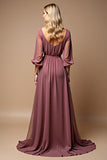 Vintage Mauve Ruched A Line Half Sleeves V Neck Chiffon Mother of the Bride Dress