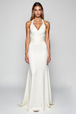 White Halter Satin Long Sheath Formal Dress