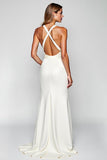 White Halter Satin Long Sheath Formal Dress