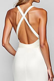 White Halter Satin Long Sheath Formal Dress