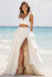 White One Shoulder Ruffled A Line Wedding Dress with Slit