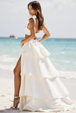 White One Shoulder Ruffled A Line Wedding Dress with Slit