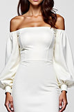 White Off The Shoulder Satin Graduation Dress with Long Sleeves