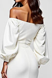 White Off The Shoulder Satin Graduation Dress with Long Sleeves